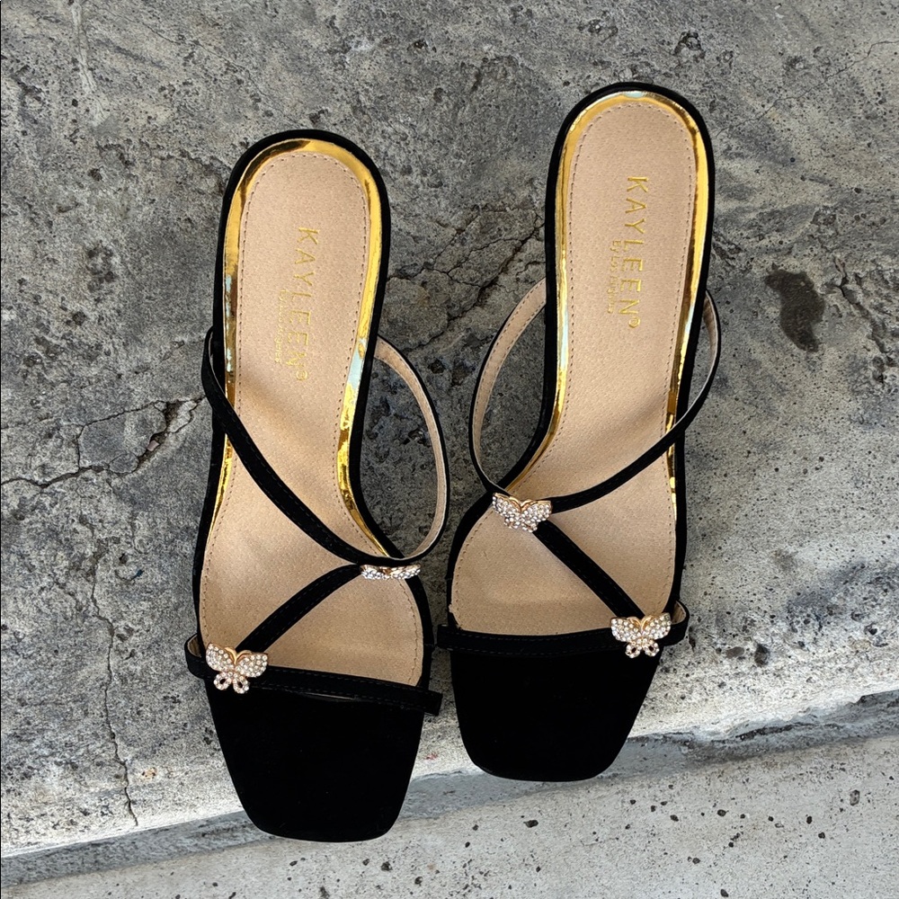 Black Strappy Square Butterfly Embellished Women's Heels size 10 4.5” Heel New